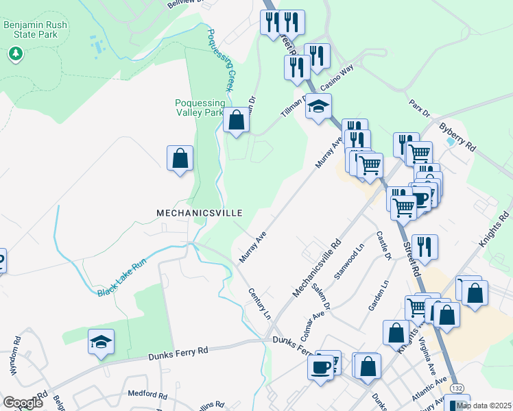 map of restaurants, bars, coffee shops, grocery stores, and more near 2742 Murray Avenue in Bensalem