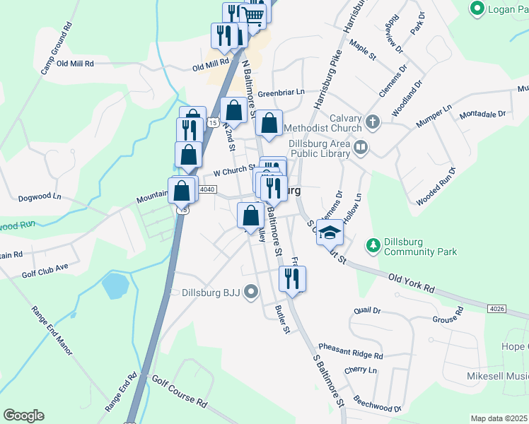 map of restaurants, bars, coffee shops, grocery stores, and more near 32 South Baltimore Street in Dillsburg