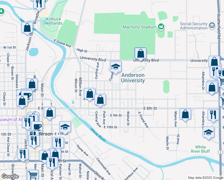 map of restaurants, bars, coffee shops, grocery stores, and more near Cottage Avenue in Anderson