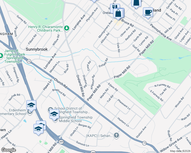 map of restaurants, bars, coffee shops, grocery stores, and more near 514 Kingston Road in Oreland