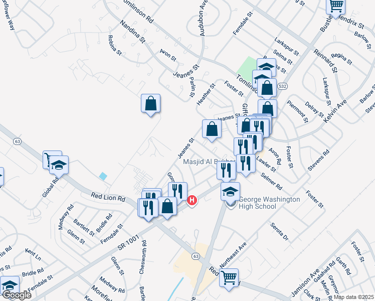 map of restaurants, bars, coffee shops, grocery stores, and more near 10129 Jeanes Street in Philadelphia