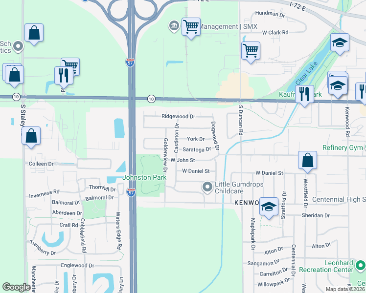 map of restaurants, bars, coffee shops, grocery stores, and more near 3214 Saratoga Drive in Champaign