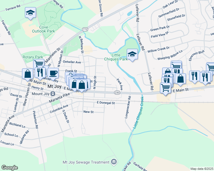 map of restaurants, bars, coffee shops, grocery stores, and more near 24 North Jacob Street in Mount Joy