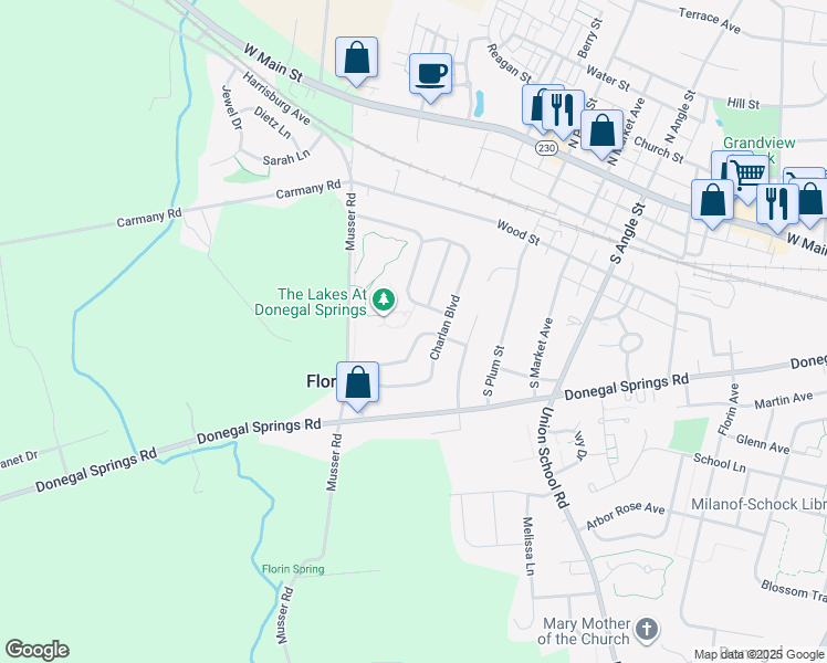 map of restaurants, bars, coffee shops, grocery stores, and more near 131 Farmington Way in Mount Joy