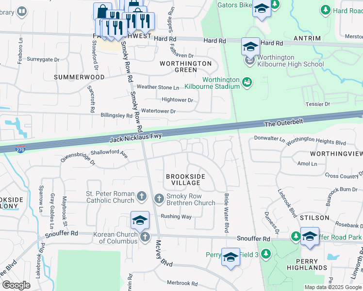 map of restaurants, bars, coffee shops, grocery stores, and more near 1718 Worthington Run Drive in Columbus