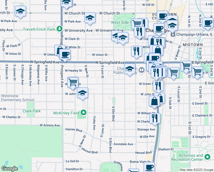 map of restaurants, bars, coffee shops, grocery stores, and more near 507 West Green Street in Champaign