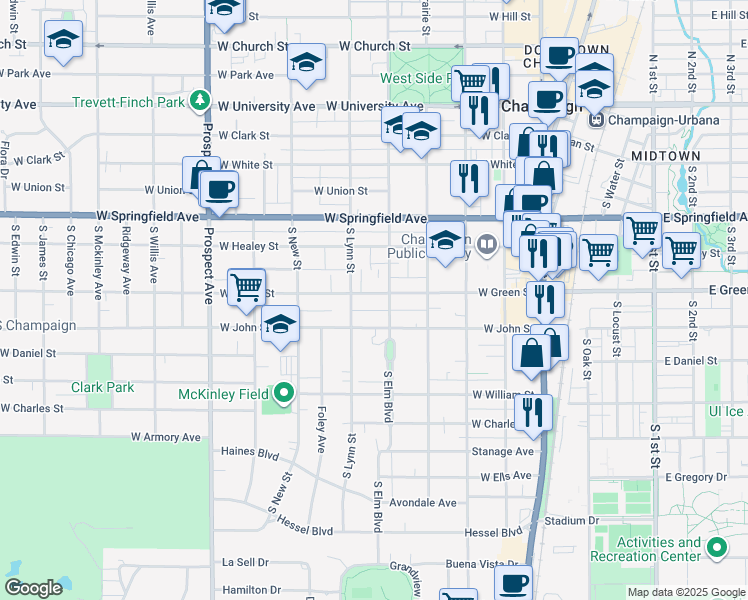 map of restaurants, bars, coffee shops, grocery stores, and more near 507 West Green Street in Champaign