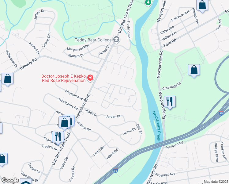 map of restaurants, bars, coffee shops, grocery stores, and more near 396 Rutgers Court in Bensalem