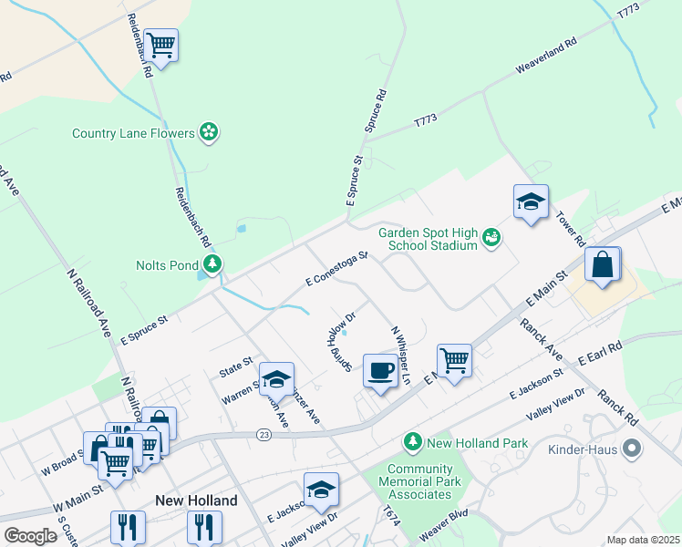 map of restaurants, bars, coffee shops, grocery stores, and more near 69 North Whisper Lane in New Holland
