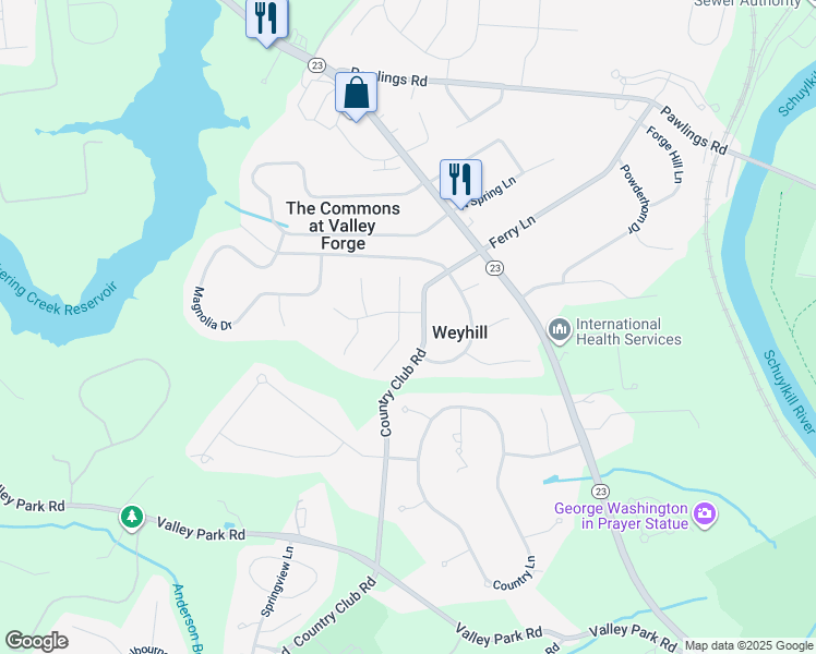 map of restaurants, bars, coffee shops, grocery stores, and more near 115 Hawthorne Lane in Phoenixville