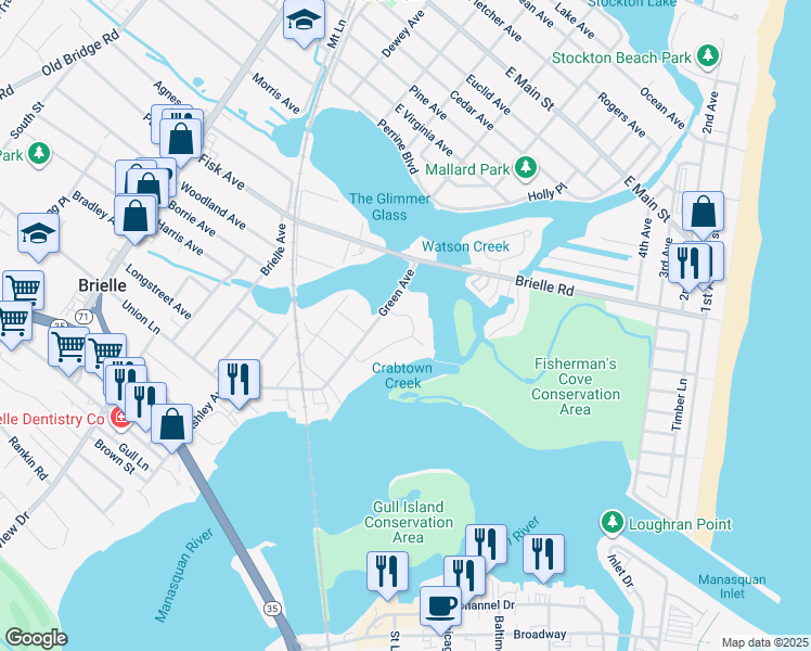 map of restaurants, bars, coffee shops, grocery stores, and more near 19 Crescent Drive in Brielle