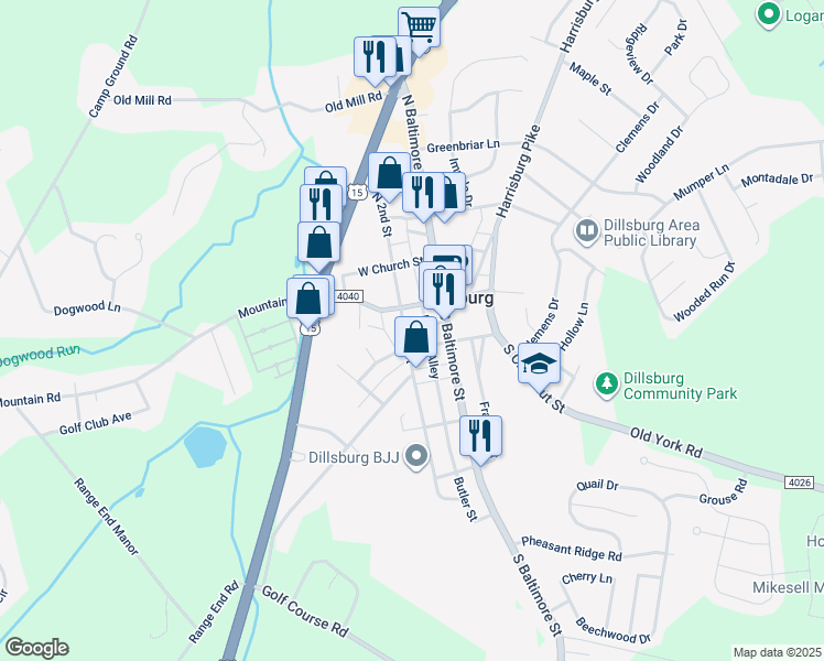 map of restaurants, bars, coffee shops, grocery stores, and more near 21 S 2nd St in Dillsburg