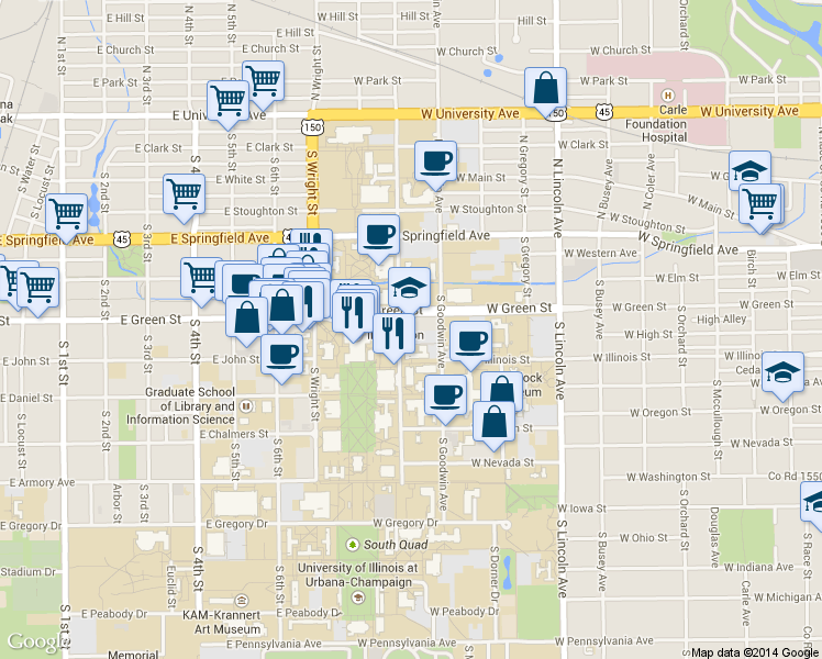 map of restaurants, bars, coffee shops, grocery stores, and more near 308 South Mathews Avenue in Urbana
