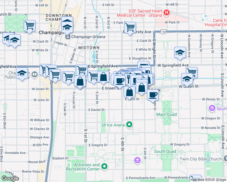 map of restaurants, bars, coffee shops, grocery stores, and more near 305 East Green Street in Champaign
