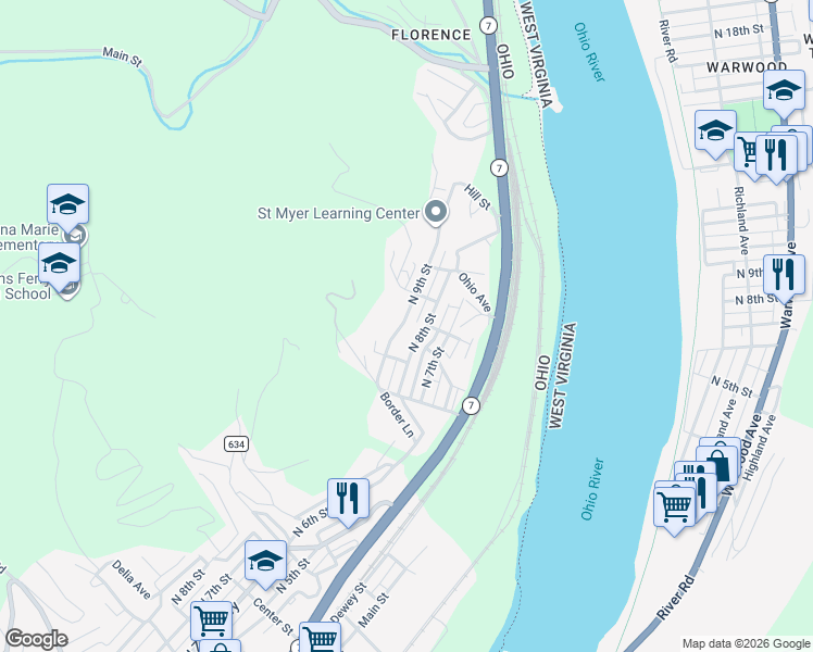 map of restaurants, bars, coffee shops, grocery stores, and more near 1308 North 9th Street in Martins Ferry