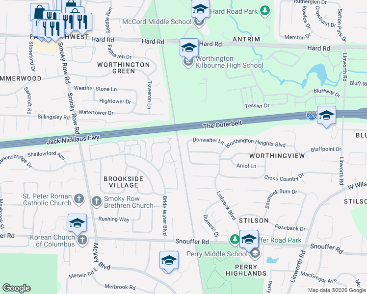 map of restaurants, bars, coffee shops, grocery stores, and more near 1449 Snowmass Road in Columbus