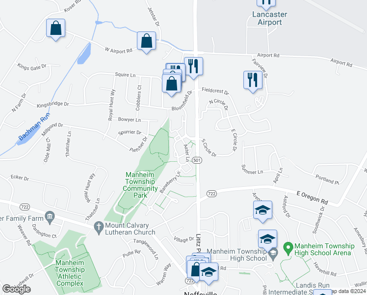 map of restaurants, bars, coffee shops, grocery stores, and more near 2944 Aster Ln in Lititz