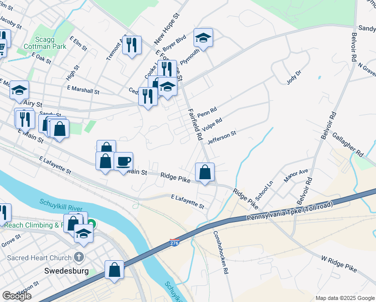 map of restaurants, bars, coffee shops, grocery stores, and more near 351 Jefferson Street in Plymouth Meeting