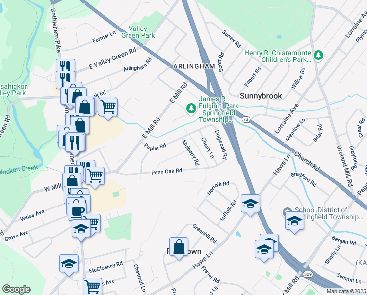 map of restaurants, bars, coffee shops, grocery stores, and more near 309 Spruce Road in Flourtown