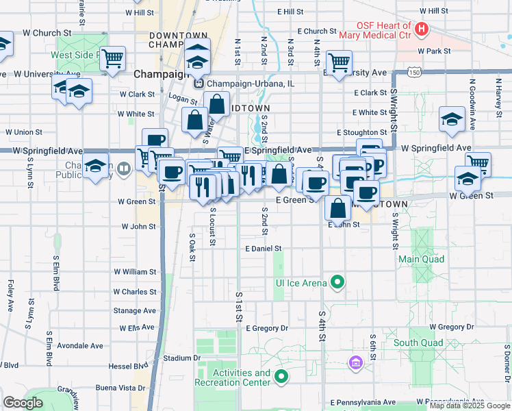 map of restaurants, bars, coffee shops, grocery stores, and more near 111 East Green Street in Champaign