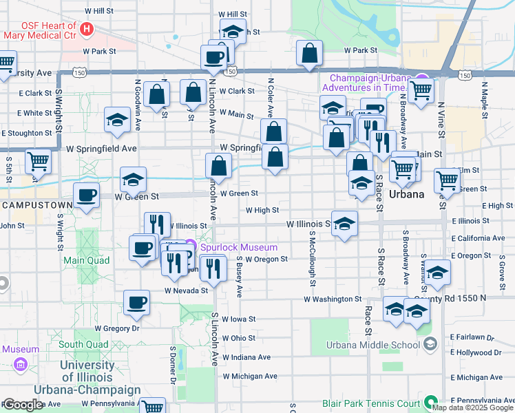 map of restaurants, bars, coffee shops, grocery stores, and more near 704 West High Street in Urbana
