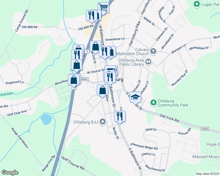 map of restaurants, bars, coffee shops, grocery stores, and more near 32 South Baltimore Street in Dillsburg