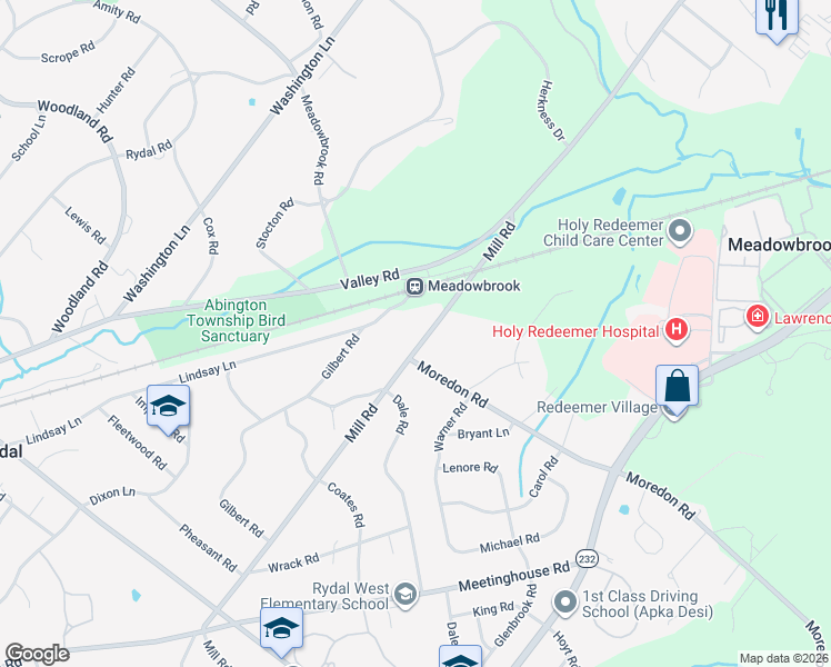 map of restaurants, bars, coffee shops, grocery stores, and more near 1512 Mill Road in Meadowbrook