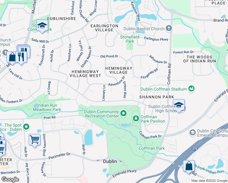 map of restaurants, bars, coffee shops, grocery stores, and more near 6947 Pilar Court in Dublin
