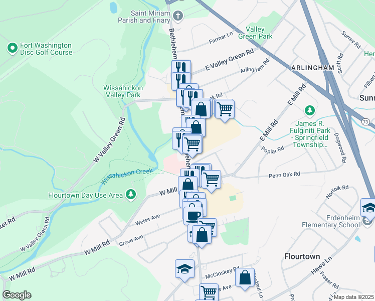 map of restaurants, bars, coffee shops, grocery stores, and more near 1874 Bethlehem Pike in Flourtown