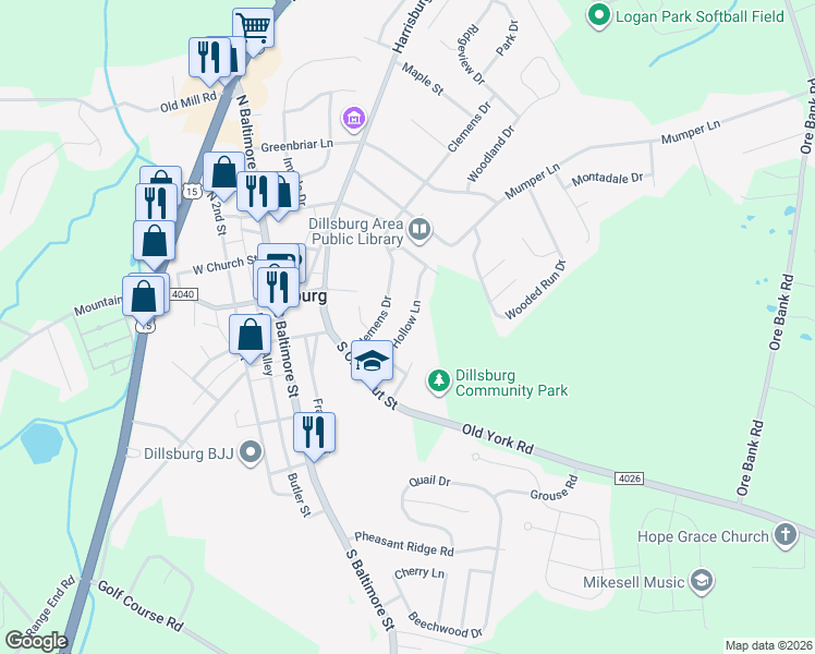 map of restaurants, bars, coffee shops, grocery stores, and more near Hollow Lane in Dillsburg