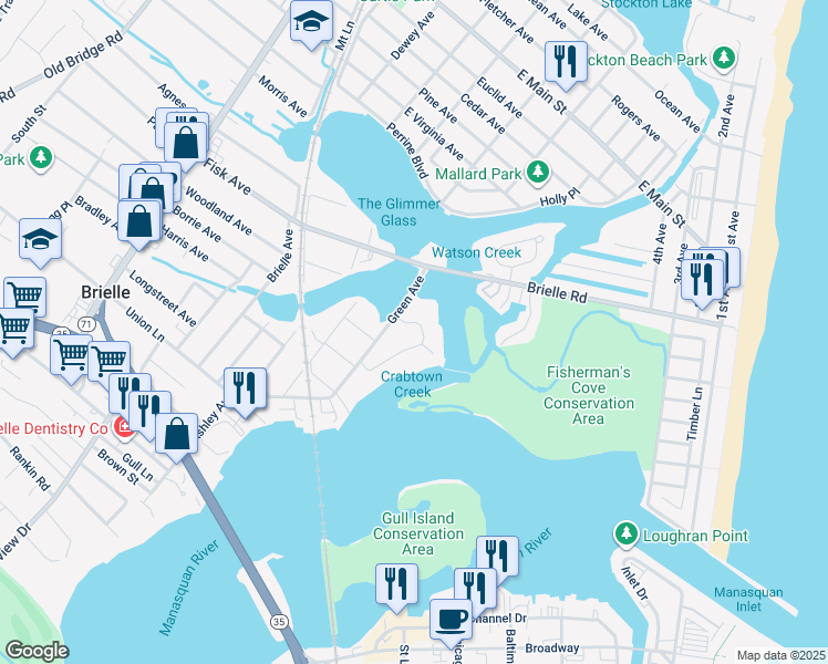 map of restaurants, bars, coffee shops, grocery stores, and more near 19 Crescent Drive in Brielle