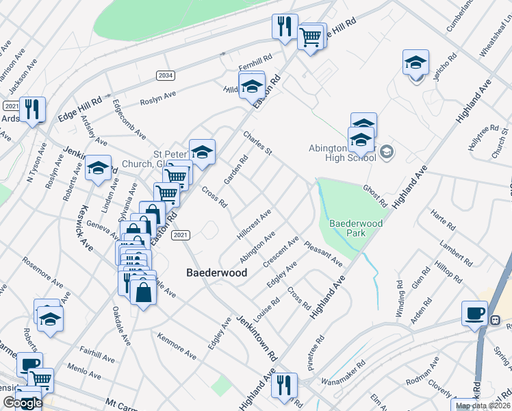 map of restaurants, bars, coffee shops, grocery stores, and more near 639 Fern Rd in Glenside