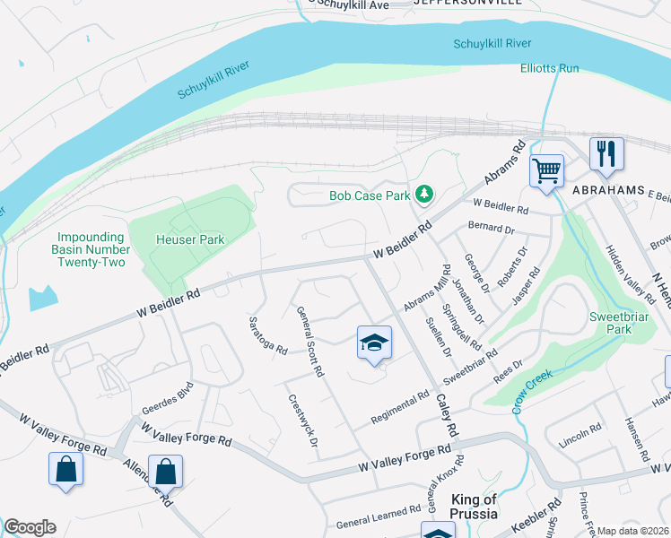 map of restaurants, bars, coffee shops, grocery stores, and more near 753 Champlain Drive in King of Prussia