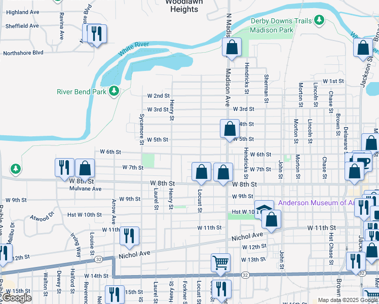 map of restaurants, bars, coffee shops, grocery stores, and more near 1220 West 6th Street in Anderson
