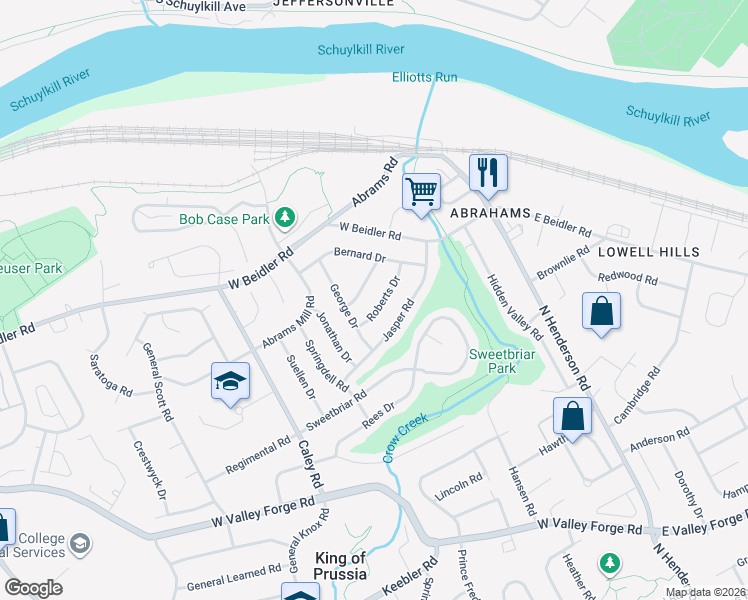 map of restaurants, bars, coffee shops, grocery stores, and more near 283 Edwards Drive in King of Prussia