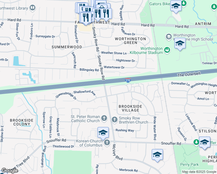 map of restaurants, bars, coffee shops, grocery stores, and more near 1858 Fallgate Court in Columbus