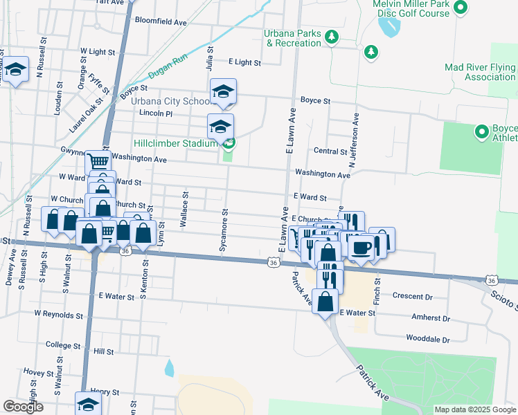 map of restaurants, bars, coffee shops, grocery stores, and more near 564 East Church Street in Urbana