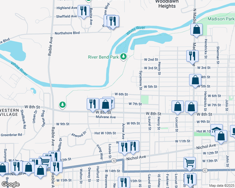 map of restaurants, bars, coffee shops, grocery stores, and more near 1809 West 6th Street in Anderson