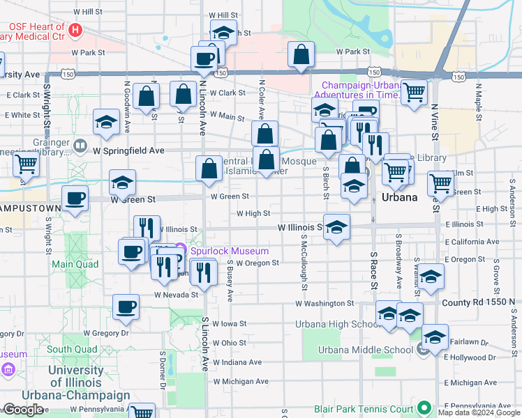 map of restaurants, bars, coffee shops, grocery stores, and more near 704 West High Street in Urbana