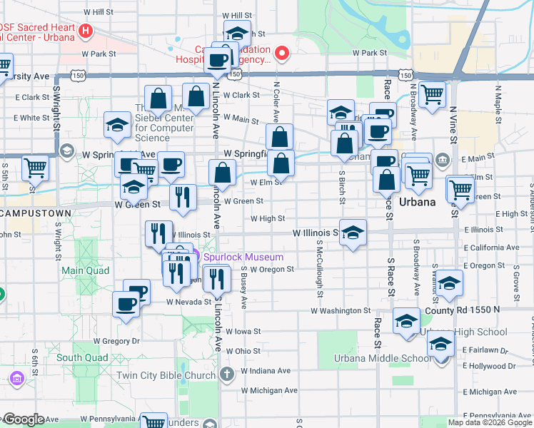 map of restaurants, bars, coffee shops, grocery stores, and more near 704 West High Street in Urbana