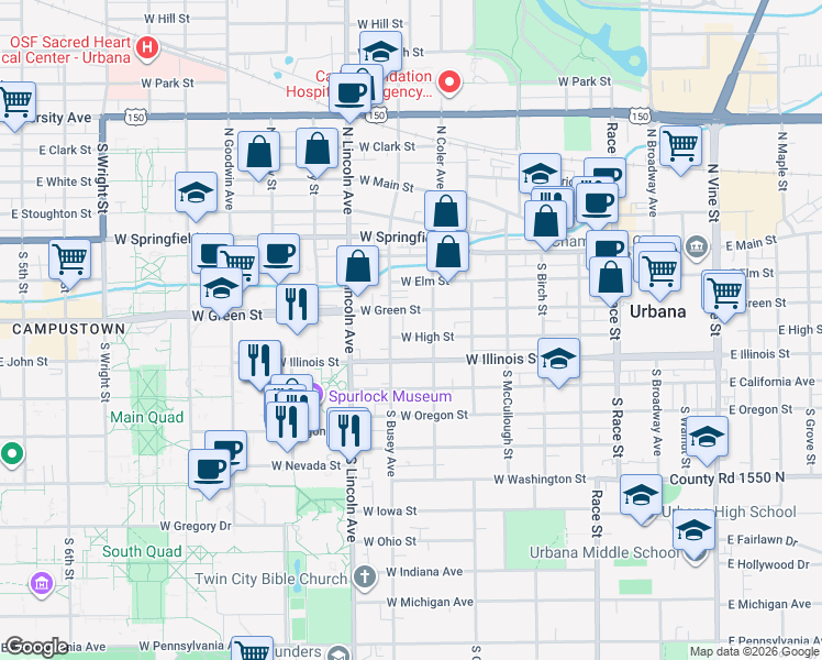 map of restaurants, bars, coffee shops, grocery stores, and more near 704 West High Street in Urbana