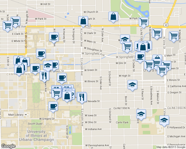 map of restaurants, bars, coffee shops, grocery stores, and more near 303 South Busey Avenue in Urbana