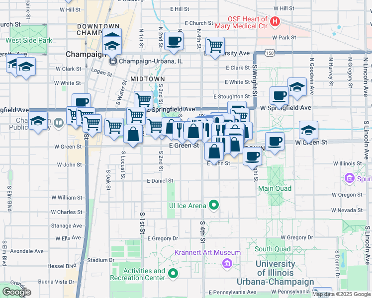 map of restaurants, bars, coffee shops, grocery stores, and more near 307 East Green Street in Champaign