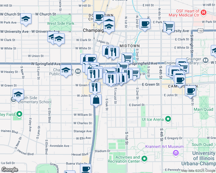 map of restaurants, bars, coffee shops, grocery stores, and more near 602 South Neil Street in Champaign