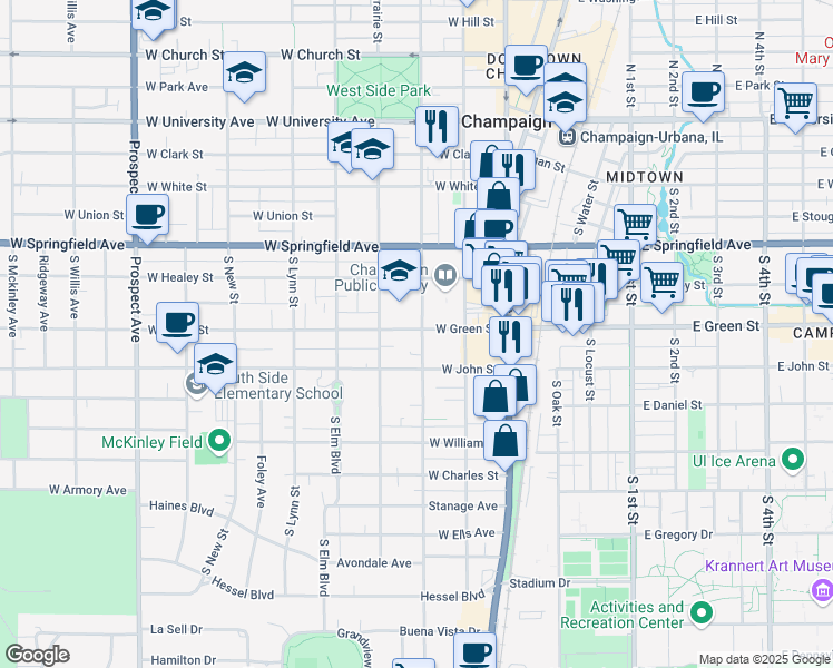 map of restaurants, bars, coffee shops, grocery stores, and more near 301 West Green Street in Champaign