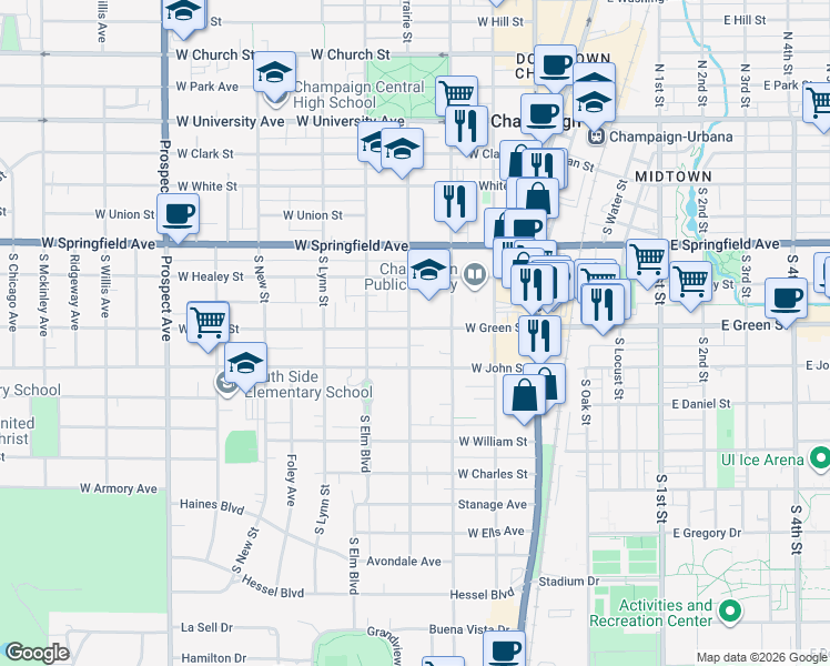 map of restaurants, bars, coffee shops, grocery stores, and more near 309 West Green Street in Champaign