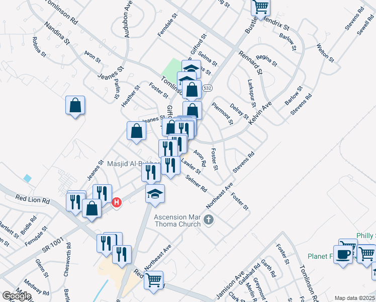 map of restaurants, bars, coffee shops, grocery stores, and more near 800 Avon Road in Philadelphia