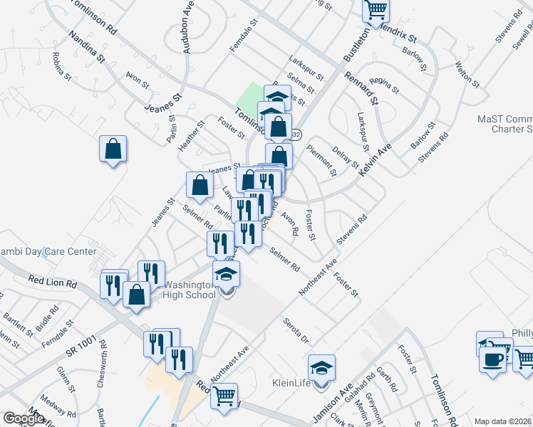 map of restaurants, bars, coffee shops, grocery stores, and more near 10837 Bustleton Avenue in Philadelphia