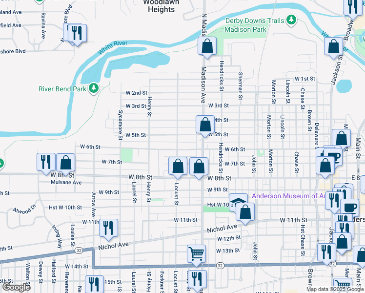 map of restaurants, bars, coffee shops, grocery stores, and more near 1116 W 6th St in Anderson