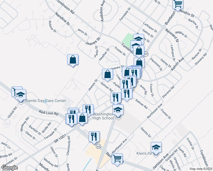 map of restaurants, bars, coffee shops, grocery stores, and more near 10220 Selmer Terrace in Philadelphia